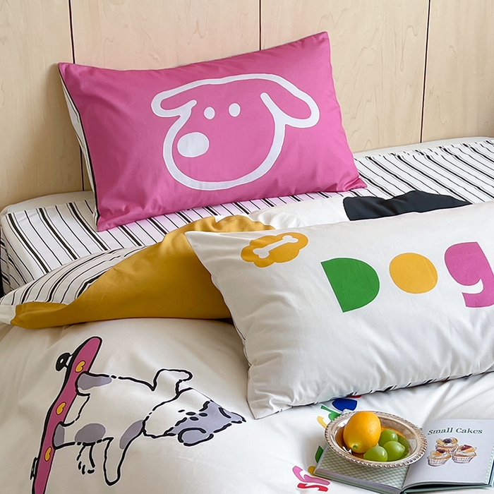 91家纺网 家纺一手货源 找家纺 2024新款40S设计师款全棉大版趣味印花系列四件套 滑板小狗