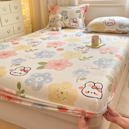 川悦生活 2024新款加厚牛奶绒印花单床笠 床笠花茶小兔