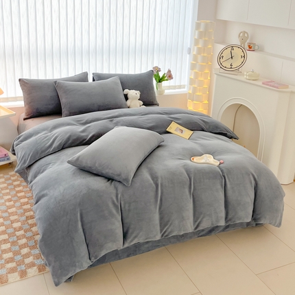 言熙居 2024新款纯色双拼30克8一9斤牛奶绒四件套 浅灰