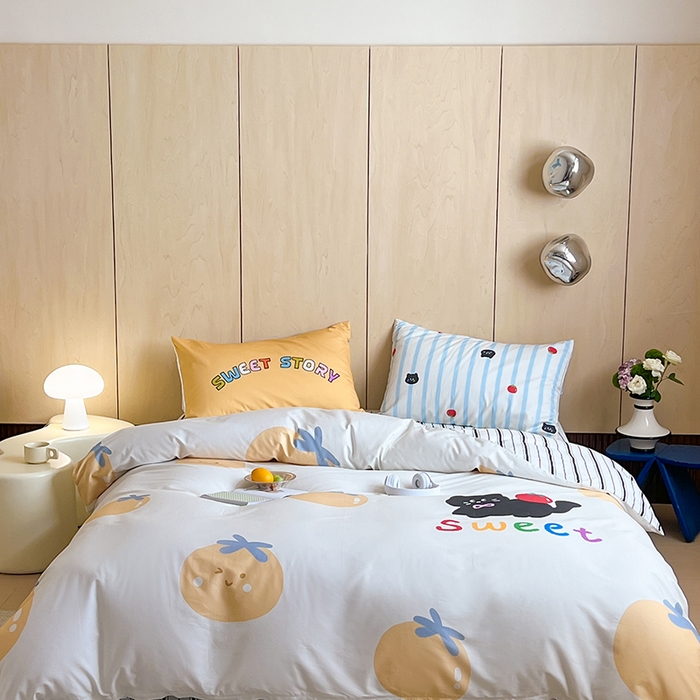 91家纺网 家纺一手货源 找家纺 2024新款40S设计师款全棉大版趣味印花系列四件套 小番茄