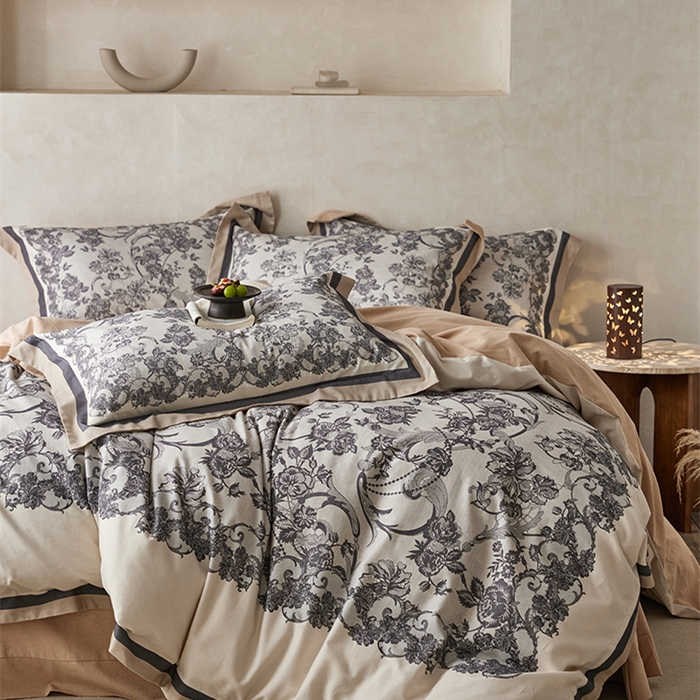 91家纺网 家纺一手货源 找家纺 2024新款全棉磨毛数码印花系列四件套 稚茶-灰