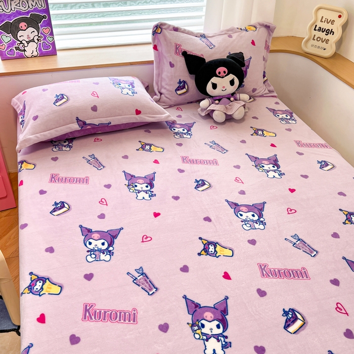 91家纺网 家纺一手货源 找家纺 暮思家居 2024新款三丽鸥正版授权高克重加厚保暖牛奶绒床笠三件套 绒A版-甜心库洛米