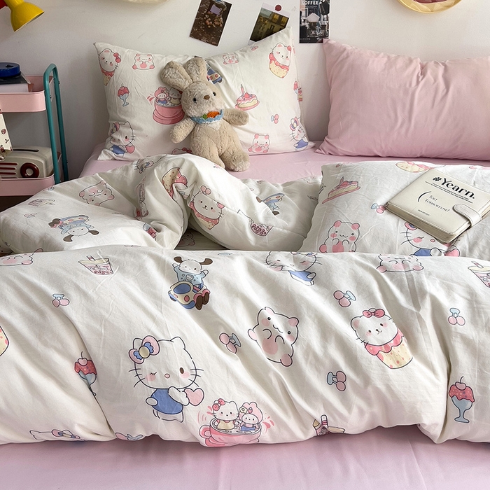 91家纺网 家纺一手货源 找家纺 星巴k家纺 2024新款A类超柔水洗棉印花四件套 奶猫