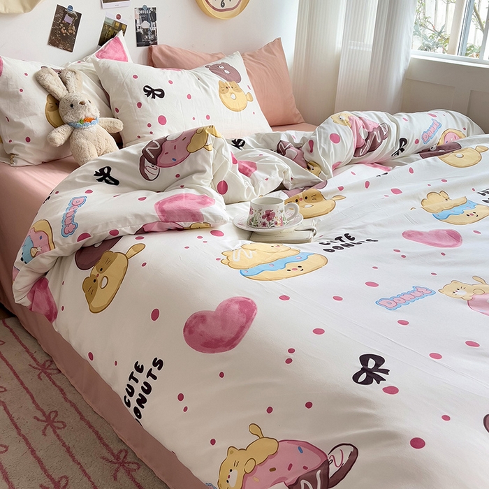 91家纺网 家纺一手货源 找家纺 星巴k家纺 2024新款A类超柔水洗棉印花四件套 微笑甜甜圈