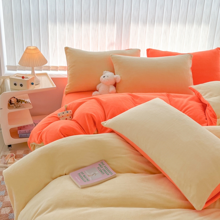 91家纺网 家纺一手货源 找家纺 言熙居 2024新款纯色双拼30克8一9斤牛奶绒四件套 奶黄拼艳橙