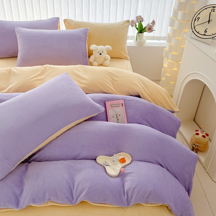 91家纺网 家纺一手货源 找家纺 言熙居 2024新款纯色双拼30克8一9斤牛奶绒四件套 浅紫拼奶黄