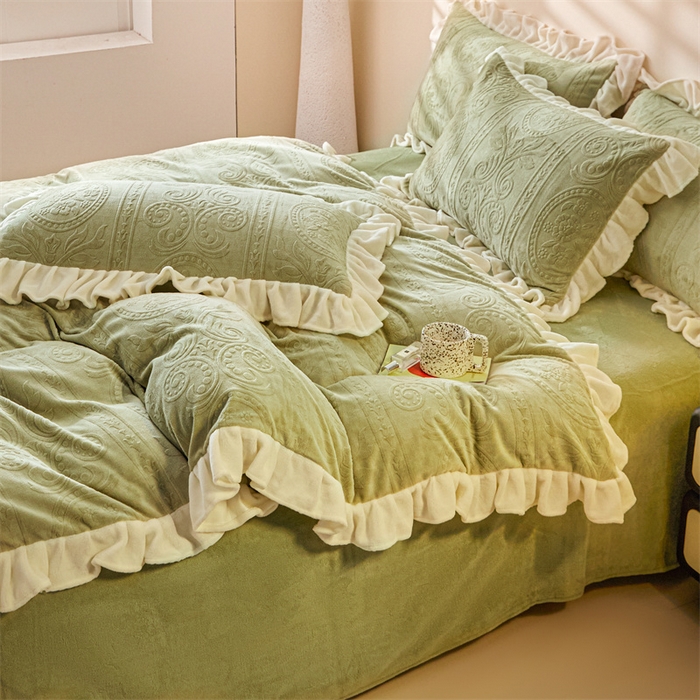 91家纺网 家纺一手货源 找家纺 2024新保暖-秋冬A类韩版婴肤绒提花四件套-玛丽夫人系列 玛丽夫人-橄榄绿