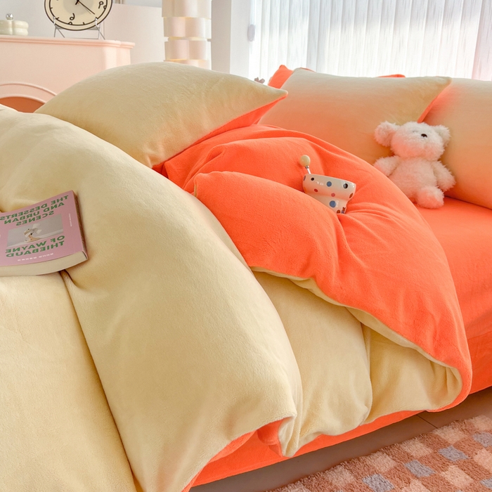 91家纺网 家纺一手货源 找家纺 言熙居 2024新款纯色双拼30克8一9斤牛奶绒四件套 奶黄拼艳橙