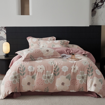 91家纺网 家纺一手货源 找家纺 2025新款全棉加厚生态磨毛印花四件套-基础款幽兰粉