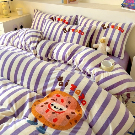 丝羽坊 2024新款A类牛奶绒毛巾绣四件套-曲奇 曲奇-紫