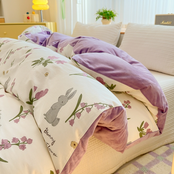 91家纺网 家纺一手货源 找家纺 清雅福 2024新款小清新ins棉加绒印花四件套系列-棉绒风格二 紫色花铃