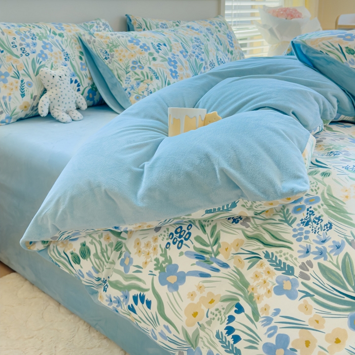 91家纺网 家纺一手货源 找家纺 清雅福 2024新款小清新ins棉加绒印花四件套系列-棉绒风格一 棉绒踏青