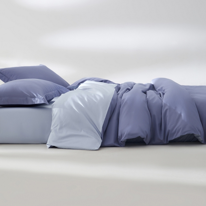 91家纺网 家纺一手货源 找家纺 轩和家居 2024新款简约纯色50s长绒棉贡缎四件套 海茵蓝+碧落蓝