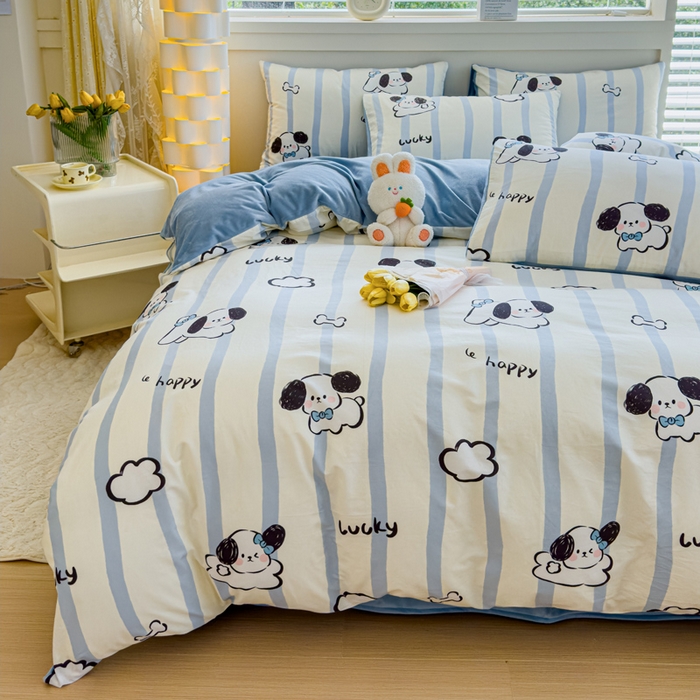 91家纺网 家纺一手货源 找家纺 清雅福 2024新款小清新ins棉加绒印花四件套系列-棉绒风格一 棉绒条纹狗狗