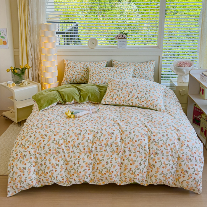 91家纺网 家纺一手货源 找家纺 清雅福 2024新款小清新ins棉加绒印花四件套系列-棉绒风格一 棉绒花千朵