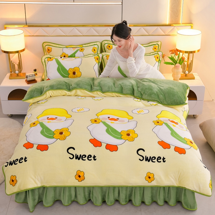 91家纺网 家纺一手货源 找家纺 金柚子 2024新款加厚牛奶绒四件套 你好小黄鸭