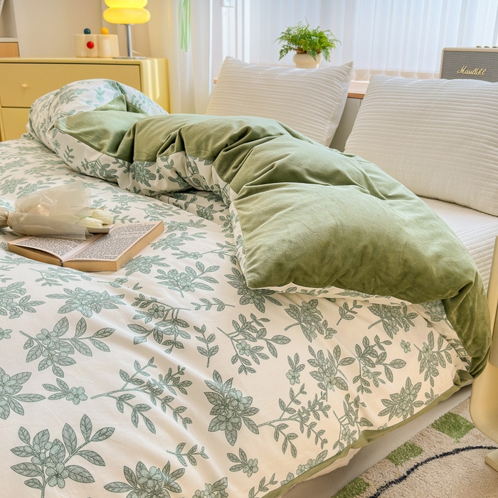 91家纺网 家纺一手货源 找家纺 清雅福 2024新款小清新ins棉加绒印花四件套系列-棉绒风格二 绿意黯然