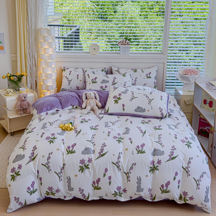 91家纺网 家纺一手货源 找家纺 清雅福 2024新款小清新ins棉加绒印花四件套系列-棉绒风格一 棉绒紫色花铃