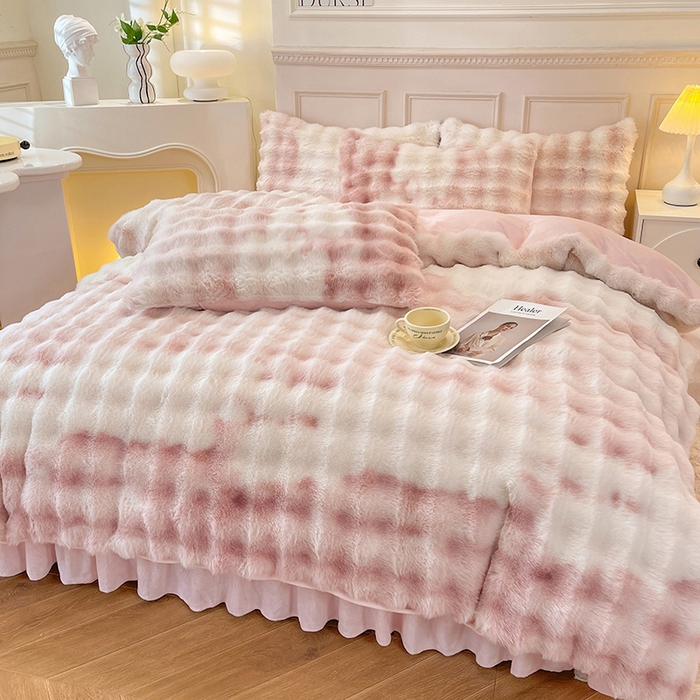 91家纺网 家纺一手货源 找家纺 欧冠家纺 2024秋冬新款纯色泡泡绒和七彩泡泡床裙款四件套 七彩-少女粉