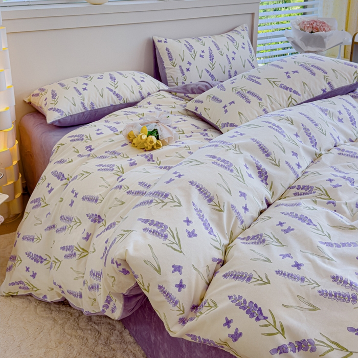 91家纺网 家纺一手货源 找家纺 清雅福 2024新款小清新ins棉加绒印花四件套系列-棉绒风格一 棉绒紫瑶