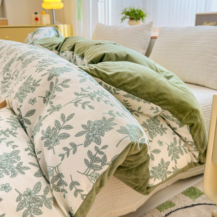 91家纺网 家纺一手货源 找家纺 清雅福 2024新款小清新ins棉加绒印花四件套系列-棉绒风格二 绿意黯然