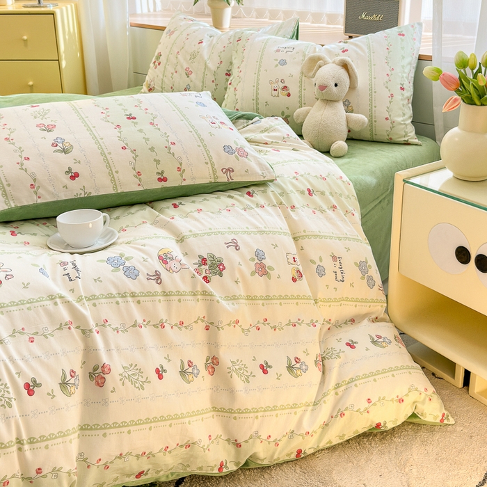 91家纺网 家纺一手货源 找家纺 清雅福 2024新款小清新ins棉加绒印花四件套系列-棉绒风格二 草莓兔