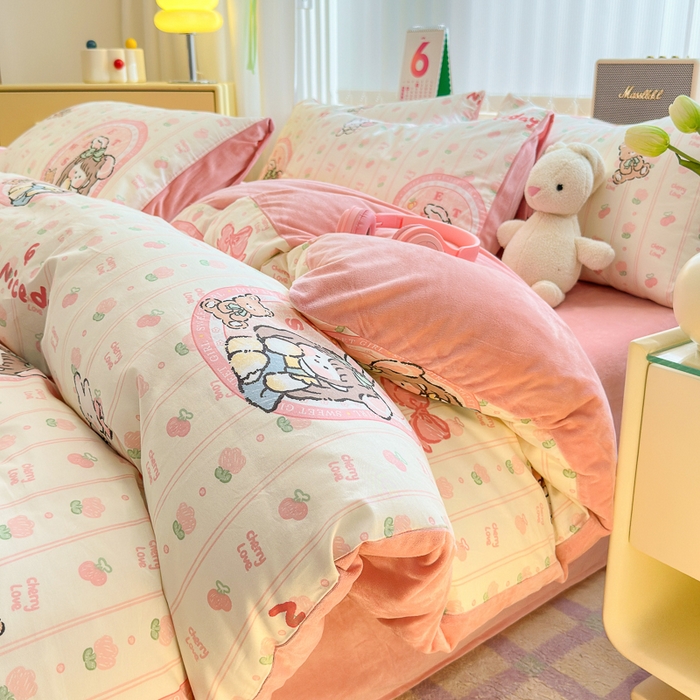 91家纺网 家纺一手货源 找家纺 清雅福 2024新款小清新ins棉加绒印花四件套系列-棉绒风格二 小公主