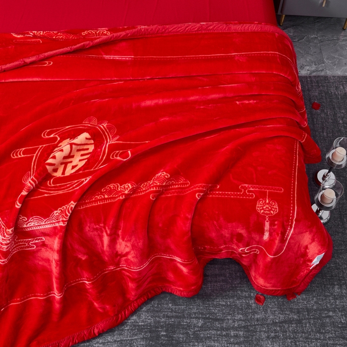 91家纺网 家纺一手货源 找家纺 凯轩毛毛毯毯子网销专供 2024新款新中式大版印花双层云毛毯毯子 云纹喜字