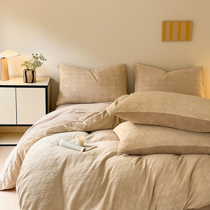 91家纺网 家纺一手货源 找家纺 雅居纺家纺 2024新款简约风雕花绒四件套 绅士-驼色