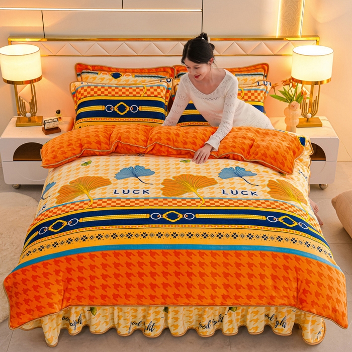 91家纺网 家纺一手货源 找家纺 金柚子 2024新款加厚牛奶绒四件套 一叶知秋