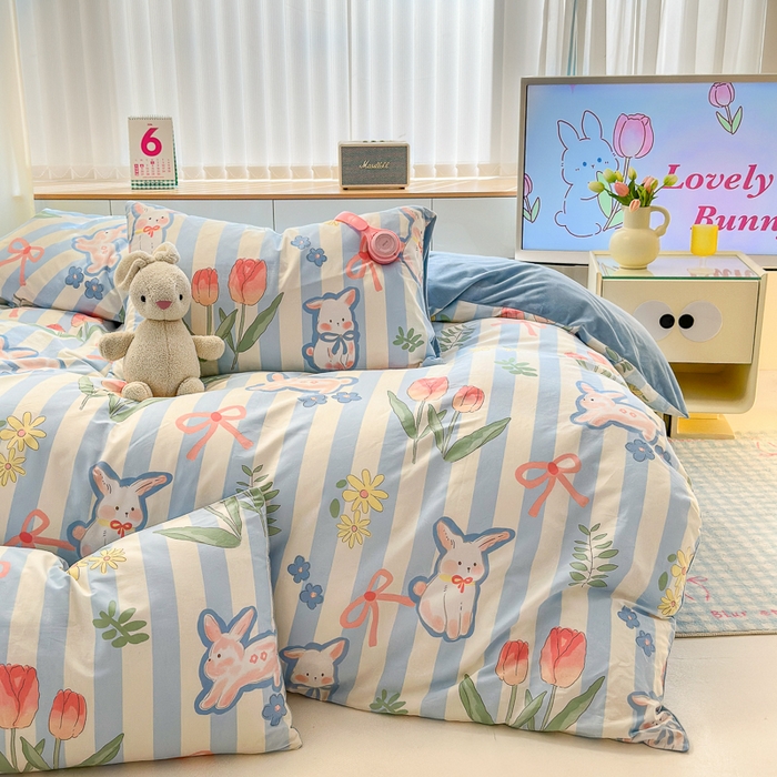 91家纺网 家纺一手货源 找家纺 清雅福 2024新款小清新ins棉加绒印花四件套系列-棉绒风格二 大白兔