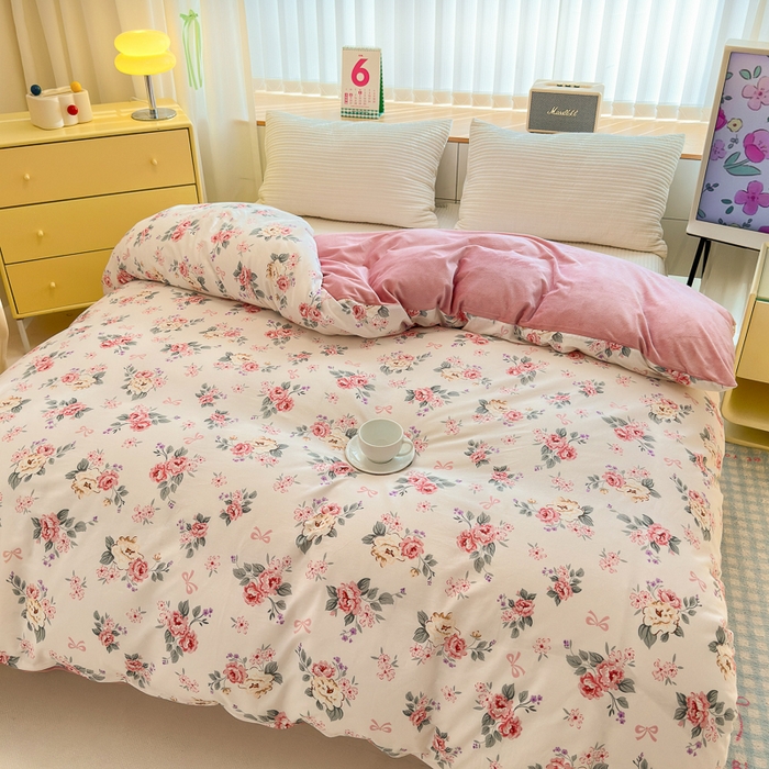 91家纺网 家纺一手货源 找家纺 清雅福 2024新款小清新ins棉加绒印花四件套系列-棉绒风格二 肉桂乌龙