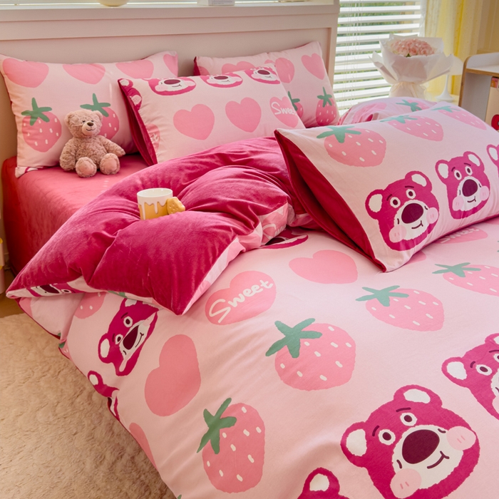 91家纺网 家纺一手货源 找家纺 清雅福 2024新款小清新ins棉加绒印花四件套系列-棉绒风格一 棉绒甜心熊