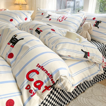 麦伦家居 2024全棉斜纹13372小清新碎花卡通系列四件套 蓝条小猫咪