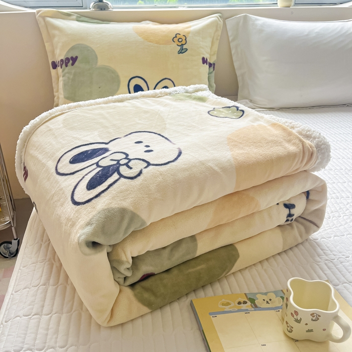 91家纺网 家纺一手货源 找家纺 沐慕 2024新款AB版牛奶绒拼羊羔绒毛毯毯子 毛毯-绿色爱心兔