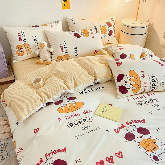 91家纺网 家纺一手货源 找家纺 麦伦家居 2024全棉斜纹13372小清新碎花卡通系列四件套 面包熊