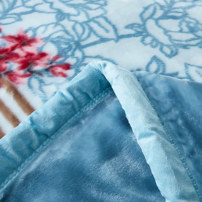 91家纺网 家纺一手货源 找家纺 凯轩毛毛毯毯子网销专供 2024新款新中式大版印花双层云毛毯毯子 蓝色妖姬
