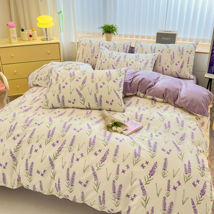 91家纺网 家纺一手货源 找家纺 清雅福 2024新款小清新ins棉加绒印花四件套系列-棉绒风格二 紫瑶