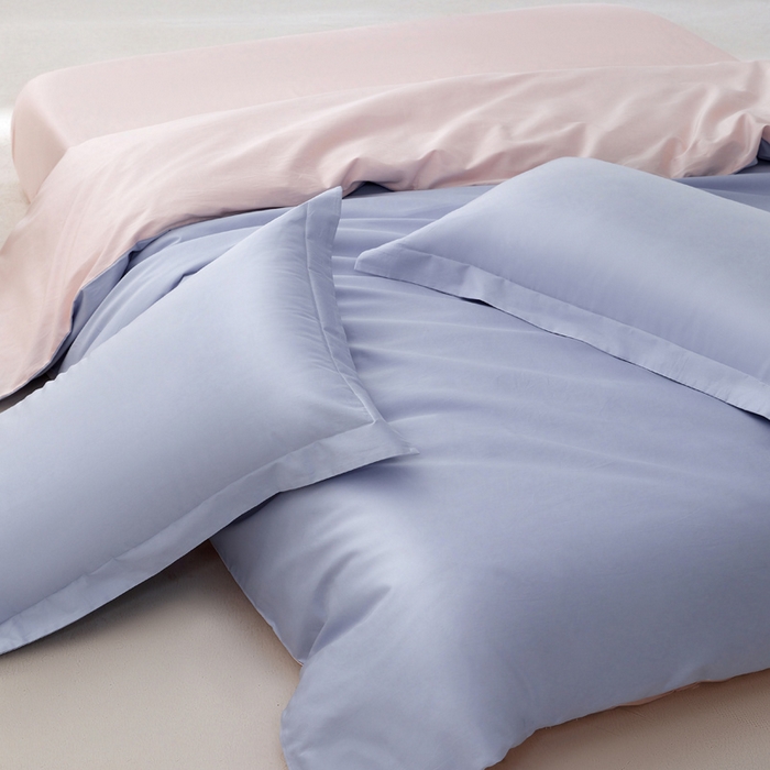 91家纺网 家纺一手货源 找家纺 轩和家居 2024新款简约纯色50s长绒棉贡缎四件套 碧落蓝+夏恋粉