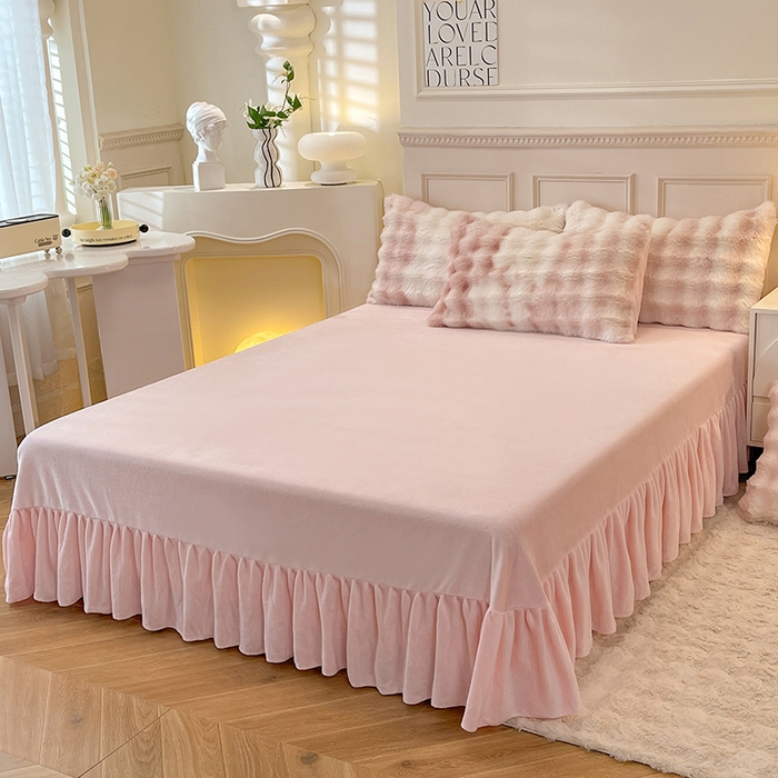 91家纺网 家纺一手货源 找家纺 欧冠家纺 2024秋冬新款纯色泡泡绒和七彩泡泡床裙款四件套 七彩-少女粉