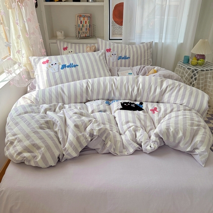 桃子家居 2024新款A类ins纯棉色织水洗棉毛巾绣可爱卡通系列四件套 棉毛巾绣-甜甜猫咪