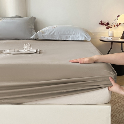  2024新款【A类母婴级】加厚全棉磨毛四件套纯棉保暖床笠纯色床垫保护罩冬季单件床上用品 大麦灰【A类加厚全棉品质】