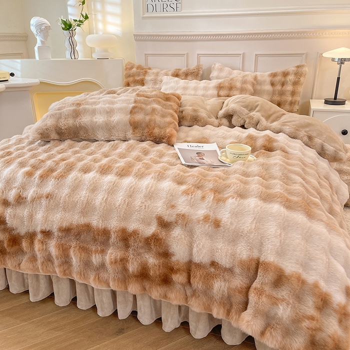 91家纺网 家纺一手货源 找家纺 欧冠家纺 2024秋冬新款纯色泡泡绒和七彩泡泡床裙款四件套 七彩-奶咖色