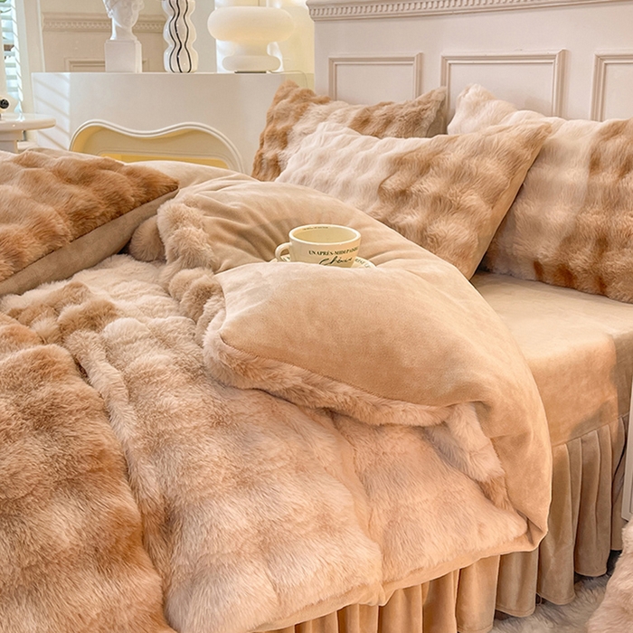 91家纺网 家纺一手货源 找家纺 欧冠家纺 2024秋冬新款纯色泡泡绒和七彩泡泡床裙款四件套 七彩-奶咖色