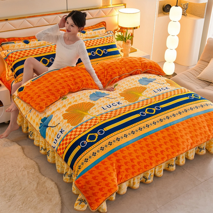 91家纺网 家纺一手货源 找家纺 金柚子 2024新款加厚牛奶绒四件套 一叶知秋