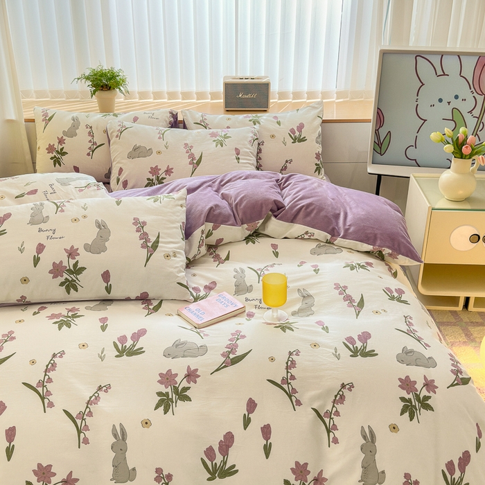 91家纺网 家纺一手货源 找家纺 清雅福 2024新款小清新ins棉加绒印花四件套系列-棉绒风格二 紫色花铃