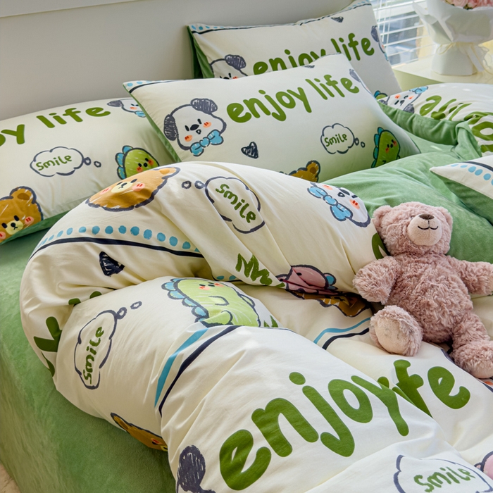 91家纺网 家纺一手货源 找家纺 清雅福 2024新款小清新ins棉加绒印花四件套系列-棉绒风格一 棉绒哈哈乐园