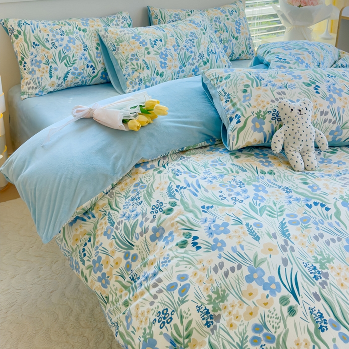 91家纺网 家纺一手货源 找家纺 清雅福 2024新款小清新ins棉加绒印花四件套系列-棉绒风格一 棉绒踏青