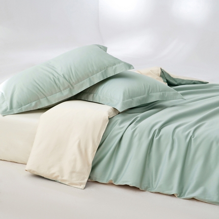 轩和家居 2024新款简约纯色50s长绒棉贡缎四件套 薄荷绿+浅香槟