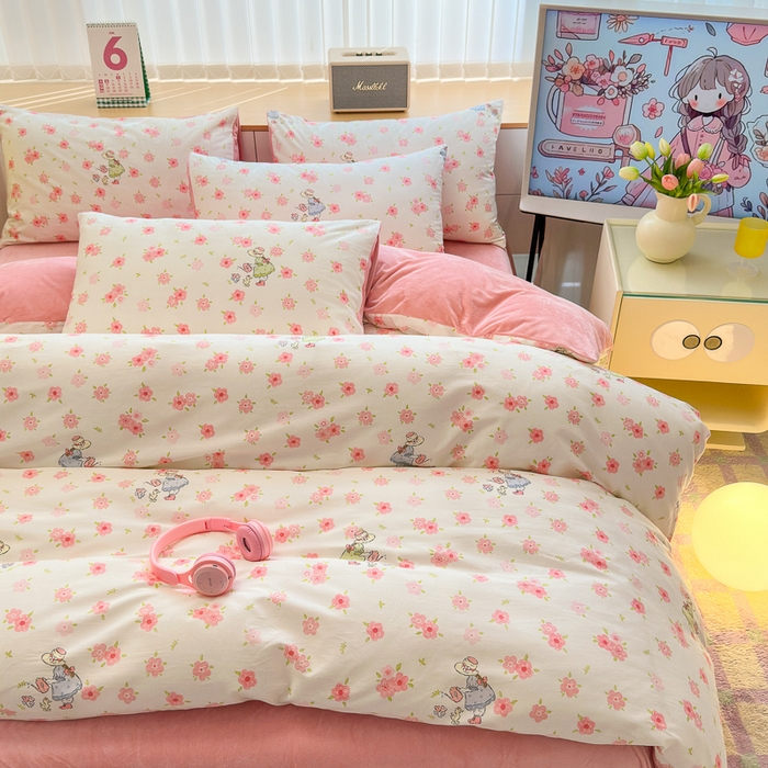 91家纺网 家纺一手货源 找家纺 清雅福 2024新款小清新ins棉加绒印花四件套系列-棉绒风格二 美丽人生